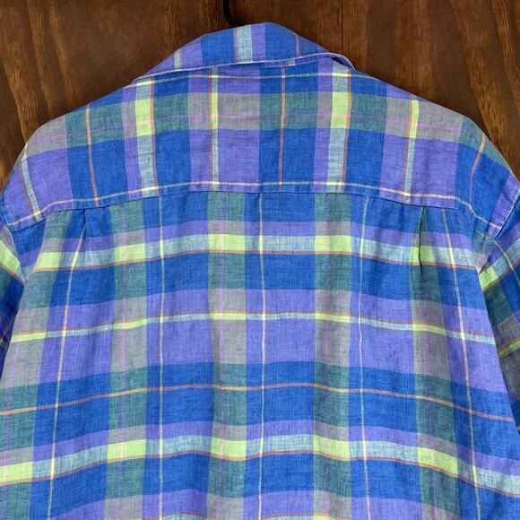 Scott Barber Mens Shirt Blue Plaid 100% Linen Short Sleeve Button Down Large - Picture 10 of 11